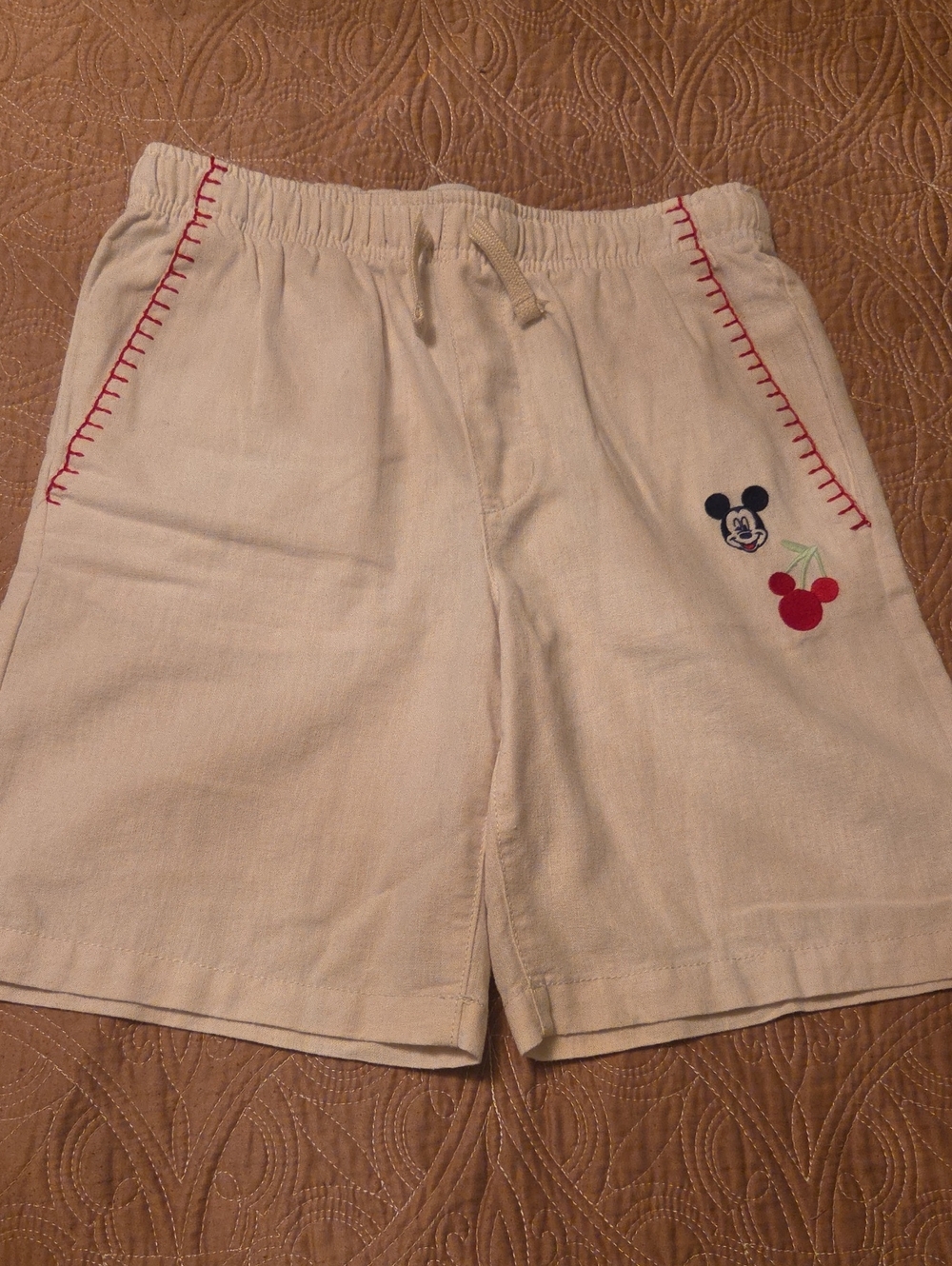 Disney Kids' Old Nacy Cream Shorts with Red Stitching and Cherry Mickey Accent